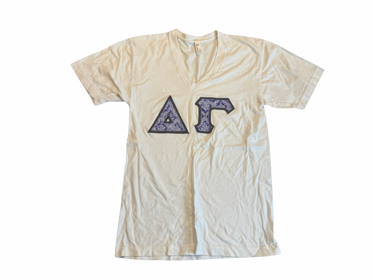 Delta Gamma White V-Neck Tee — Floral Purple Letters