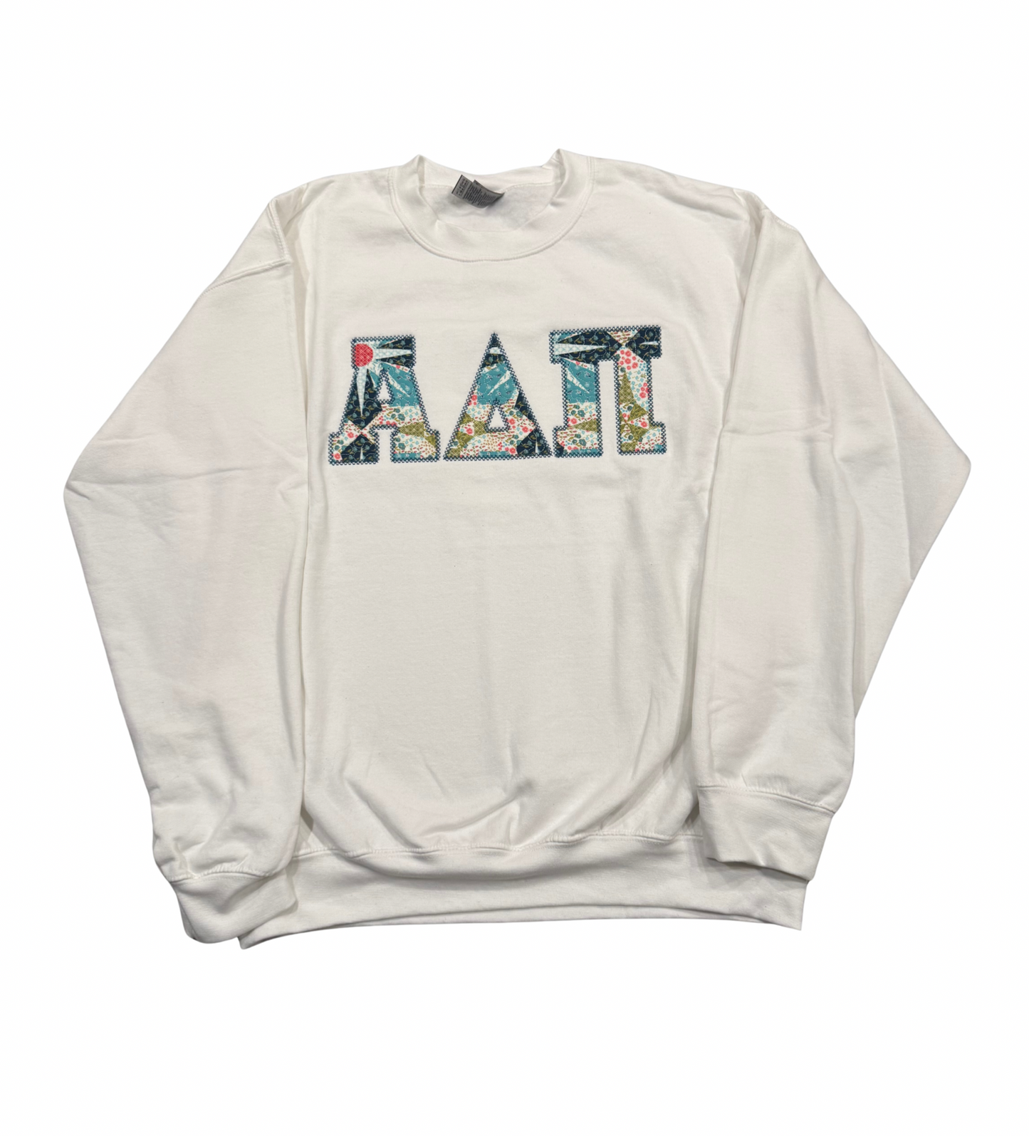 Alpha Delta Pi White Pattern Letter Crewneck Sweatshirt Size L