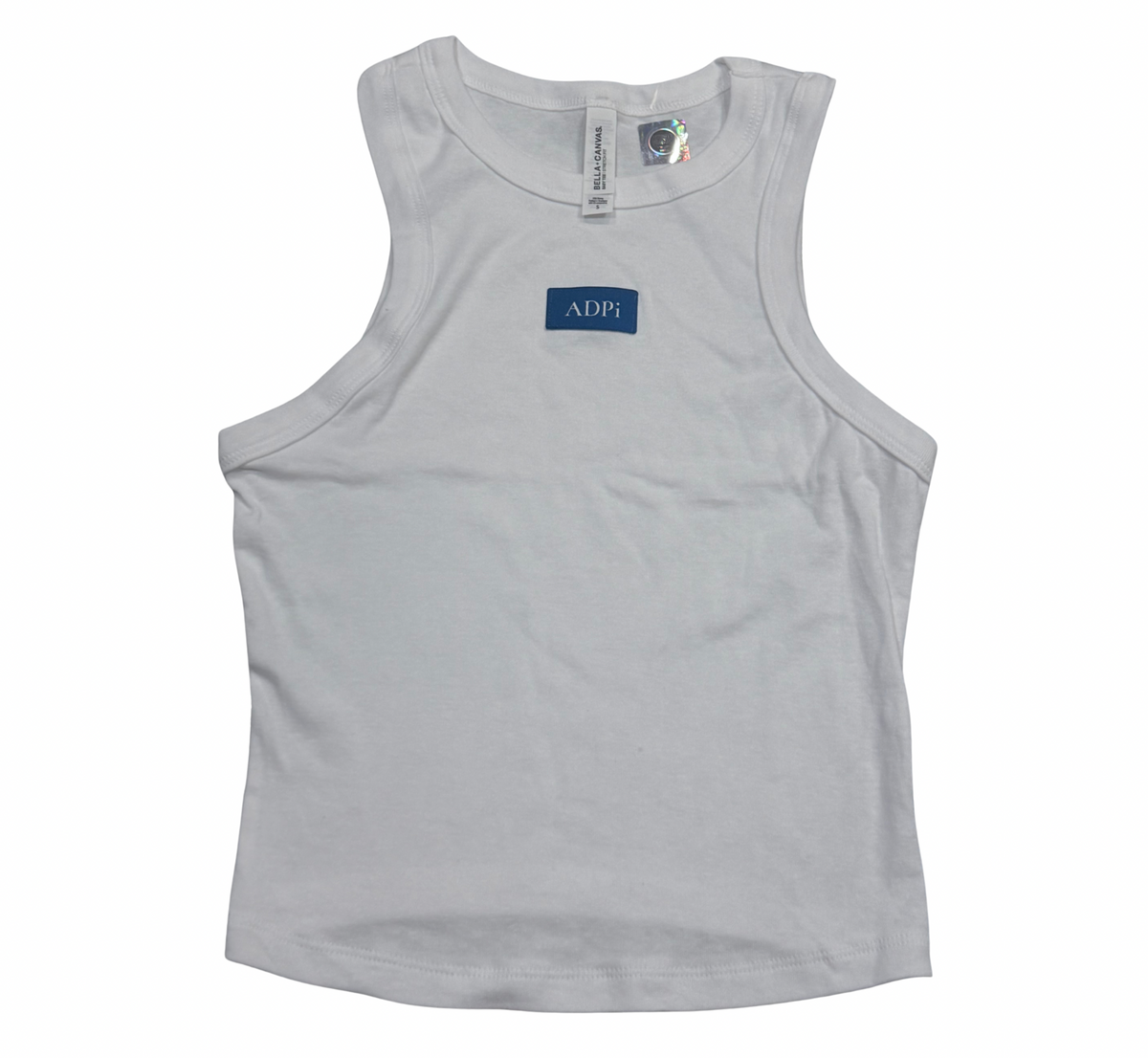 Alpha Delta Pi white tank top with blue ADPi patch
