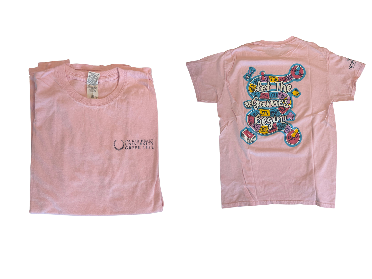 Delta Zeta pink Sacred Heart Let the Games Begin tee, size medium