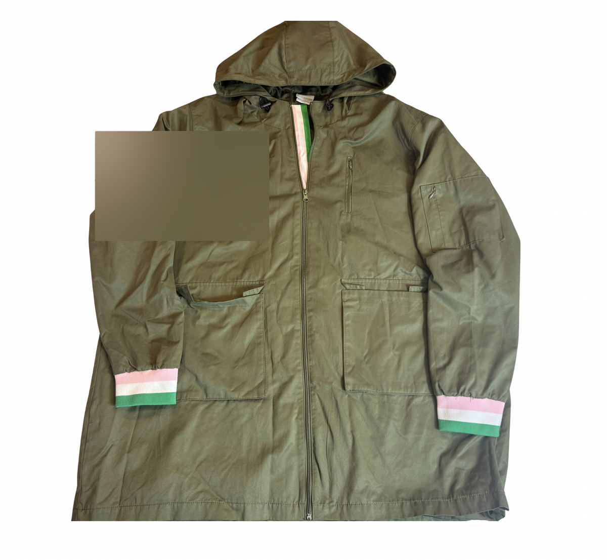 Olive Green Hooded Jacket with Striped Cuffs - XXXL