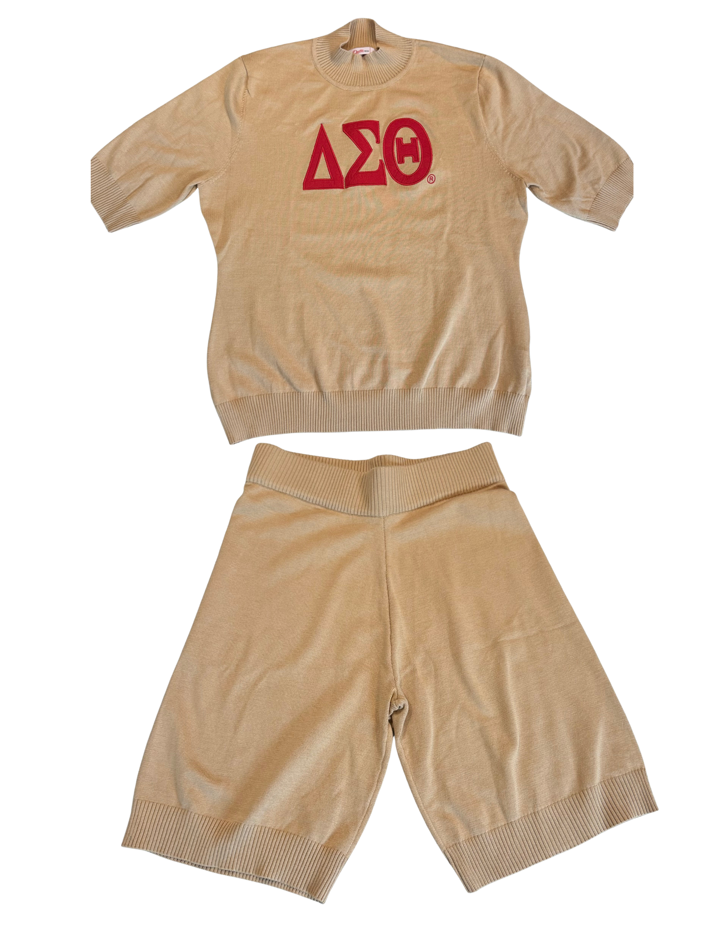Tan Delta Sigma Theta two piece knit capri set with crimson letters, size M