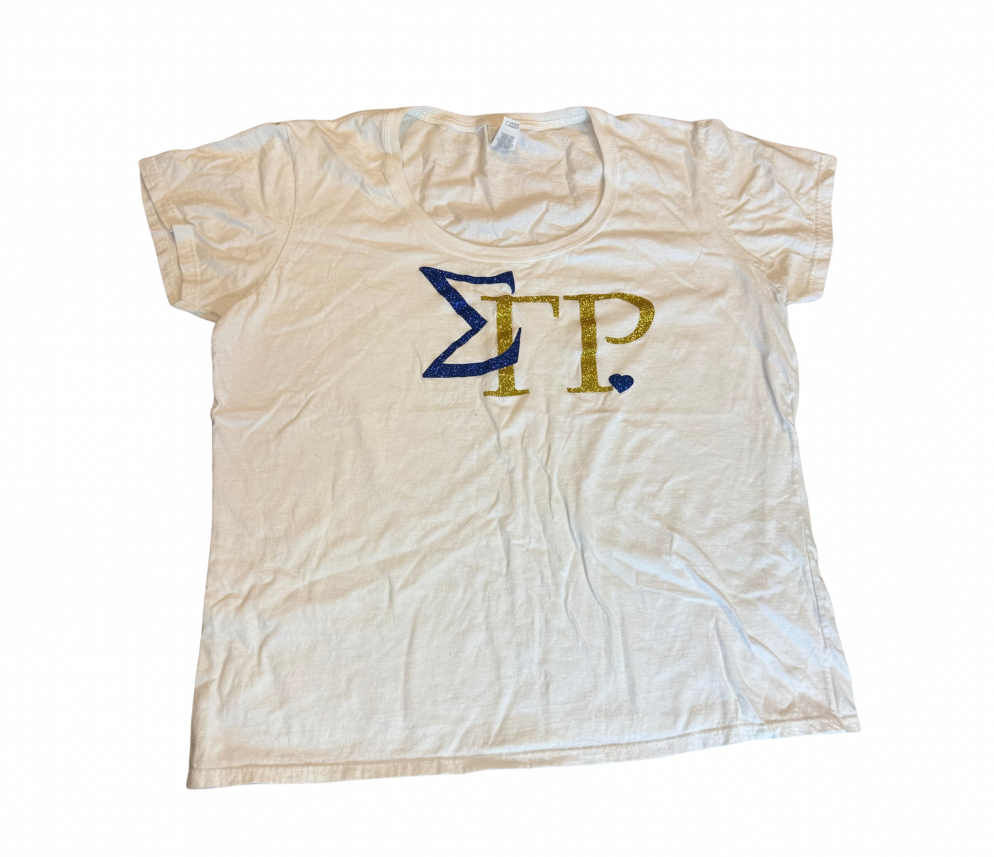 Sigma Gamma Rho white tee with blue and gold sparkle letters, size XL