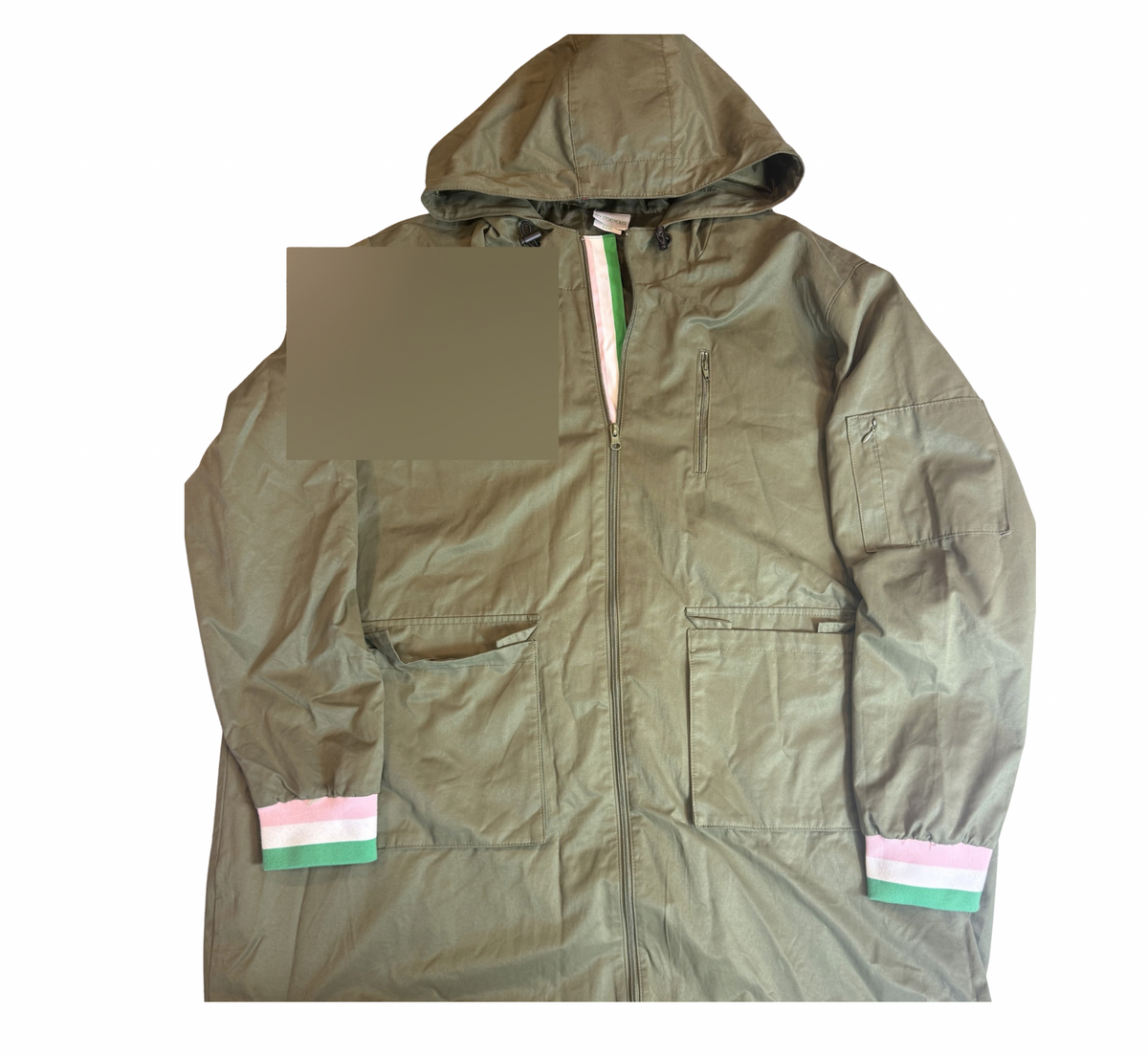 Olive Green Hooded Jacket with Striped Cuffs - XXXL