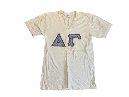 Delta Gamma White V-Neck Tee — Floral Purple Letters