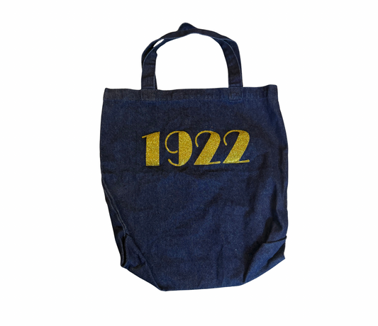 Sigma Gamma Rho denim tote bag with gold 1922 letters