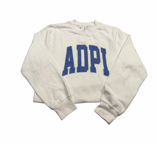 Alpha Delta Pi white crewneck sweatshirt with blue arched ADPi letters