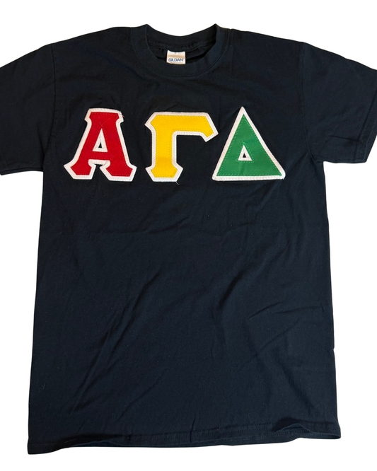 Alpha Gamma Delta black tee with sewn Greek letters