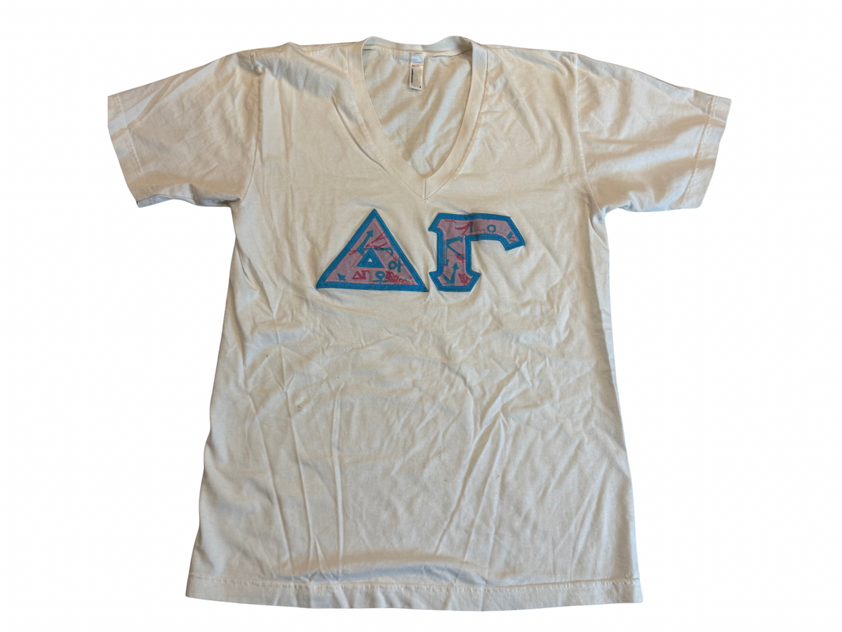 Delta Gamma White Tee — Blue & Pink Pattern Letters