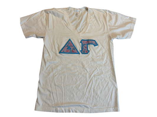Delta Gamma White Tee — Blue & Pink Pattern Letters