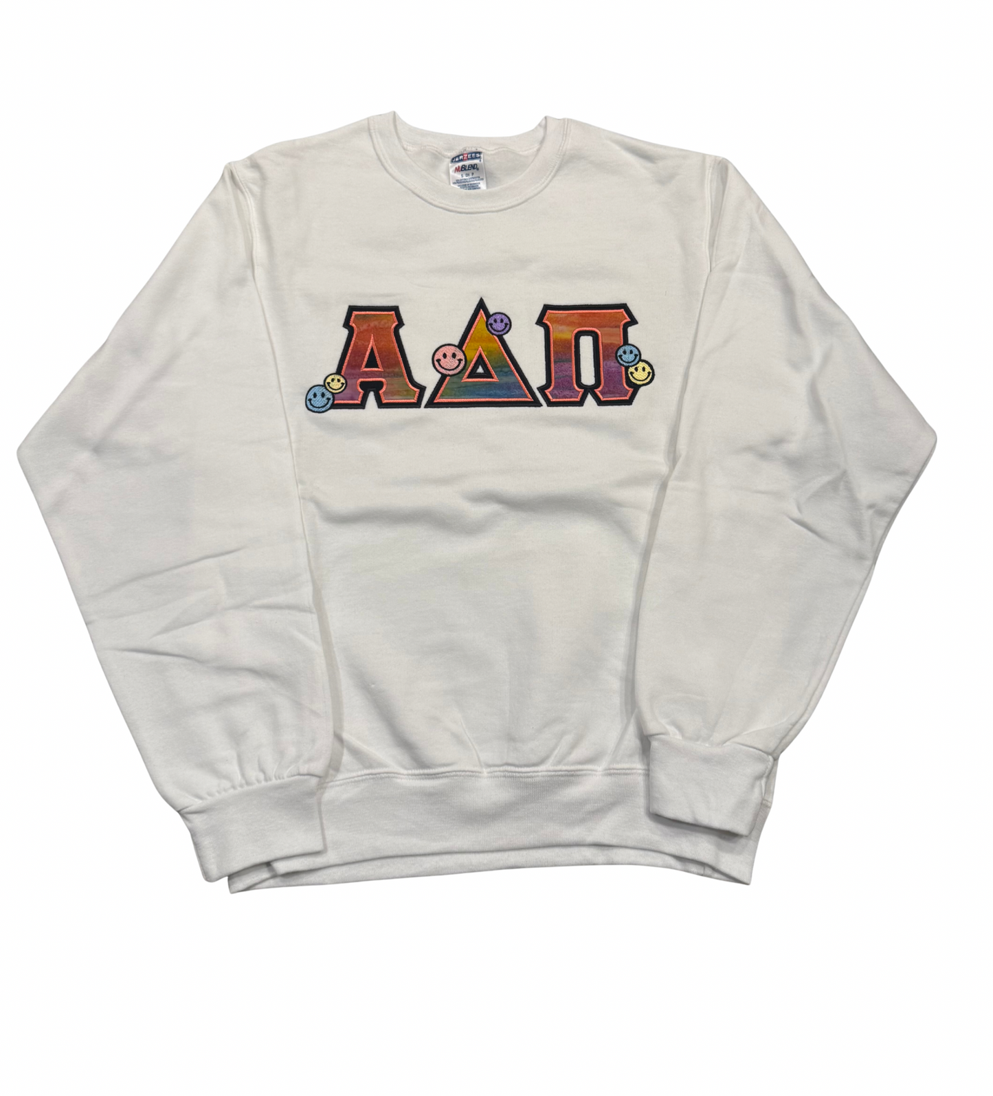 Alpha Delta Pi White Rainbow Letter Crewneck Sweatshirt Size S