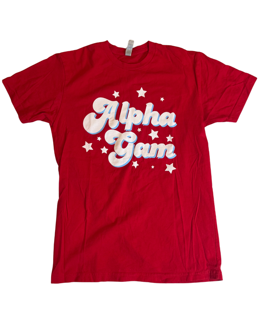 Alpha Gam red tee with retro star graphic