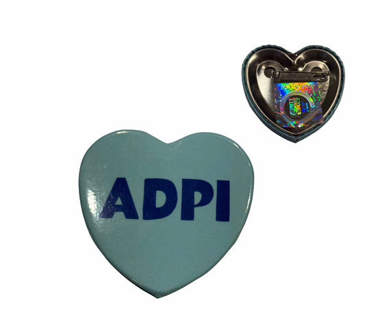 Alpha Delta Pi light blue heart pin-back button with navy ADPi letters