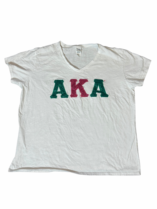 White V-Neck Glitter Letter Tee