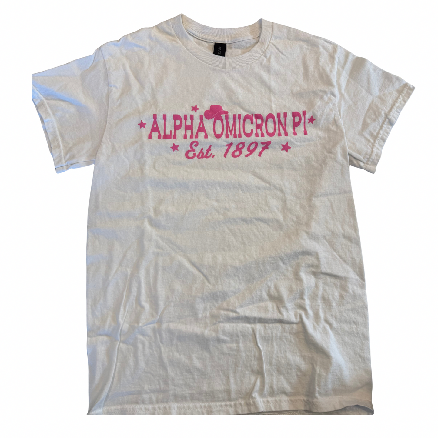 Alpha Omicron Pi Est 1897 Pink Lettered Western Tee