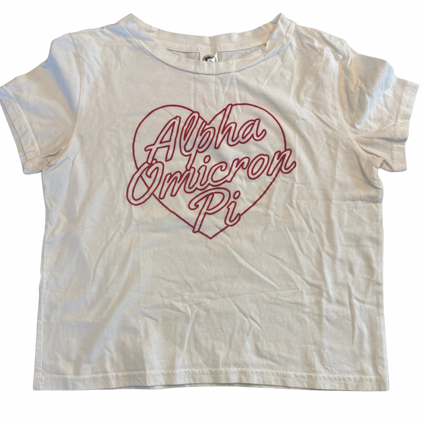 Alpha Omicron Pi Heart Script Crop Tee White