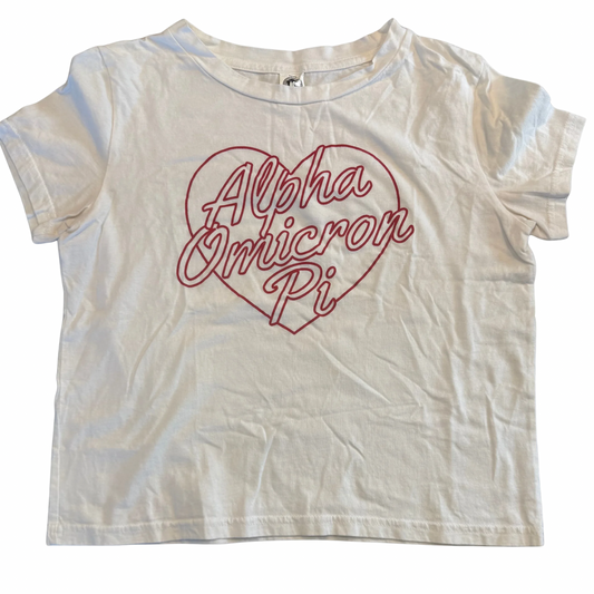 Alpha Omicron Pi Heart Script Crop Tee White