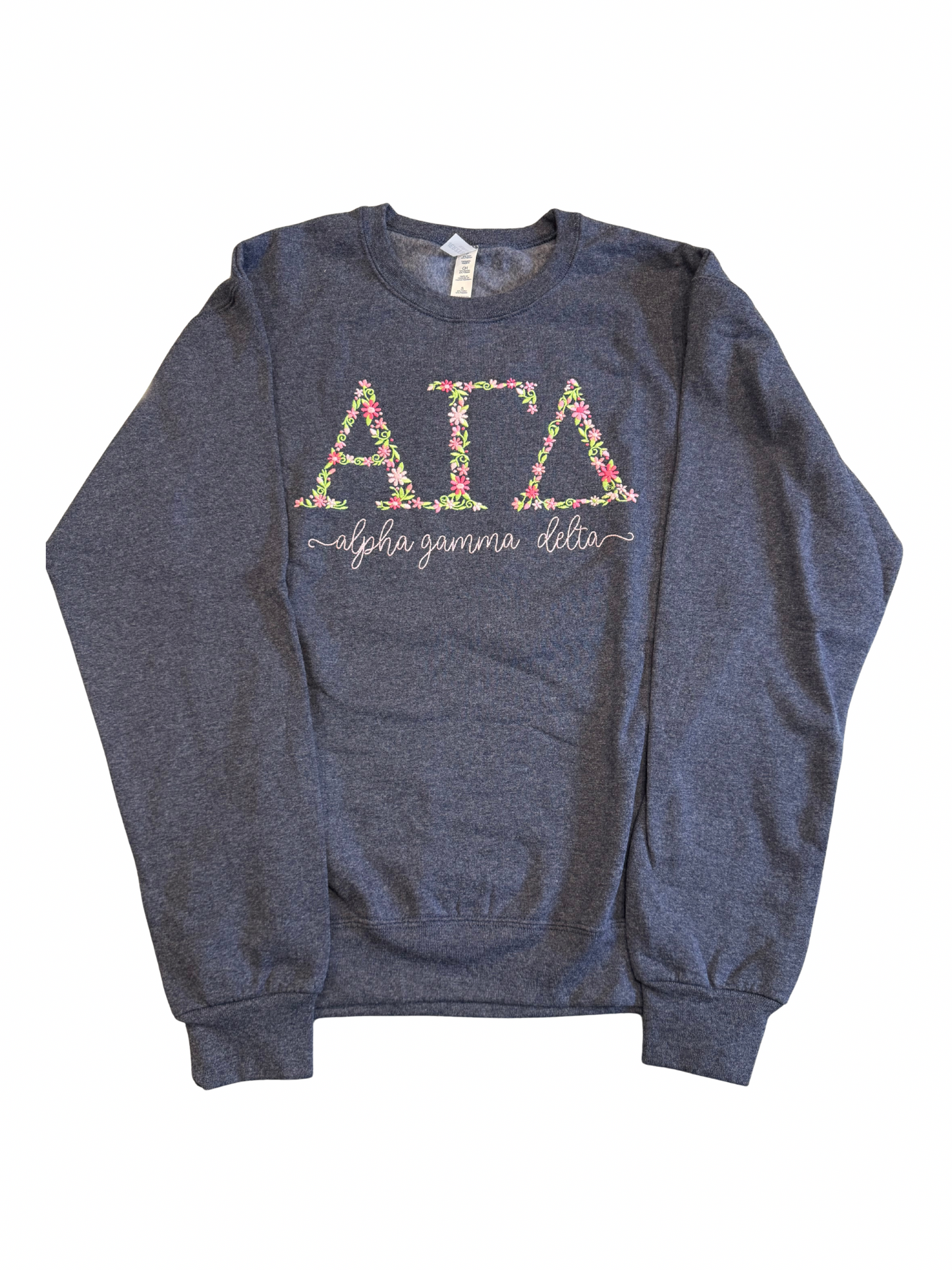 Alpha Gamma Delta Denim Blue Floral Letter Crewneck Sweatshirt Size S