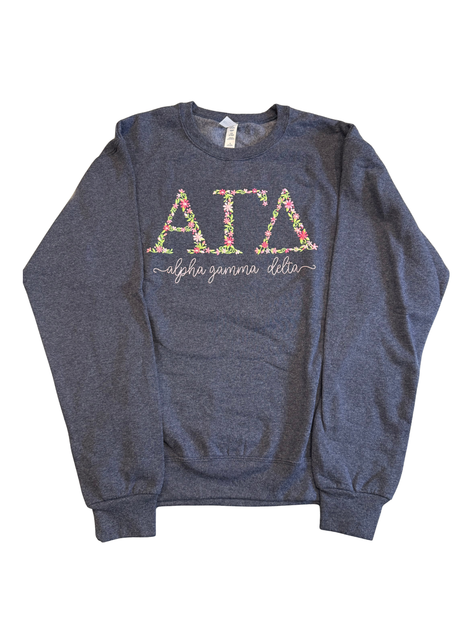 Alpha Gamma Delta Denim Blue Floral Letter Crewneck Sweatshirt Size S