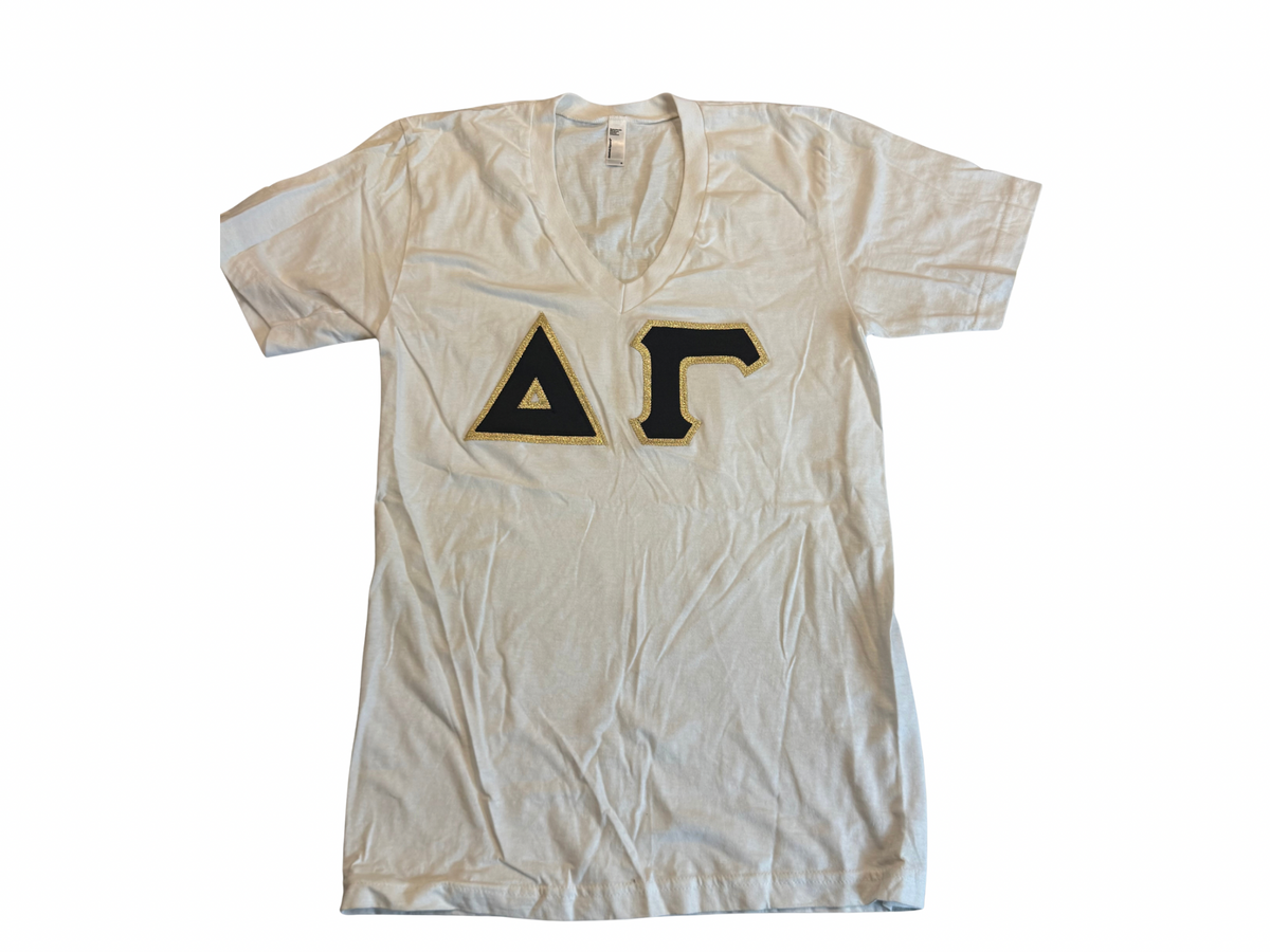 Delta Gamma White Tee — Black Glitter Letters