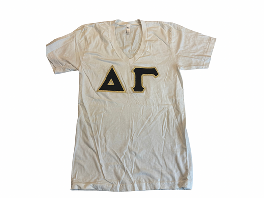 Delta Gamma White Tee — Black Glitter Letters