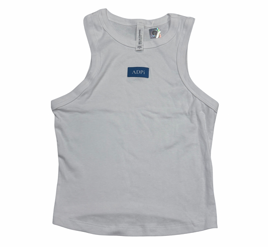 Alpha Delta Pi white tank top with blue ADPi patch