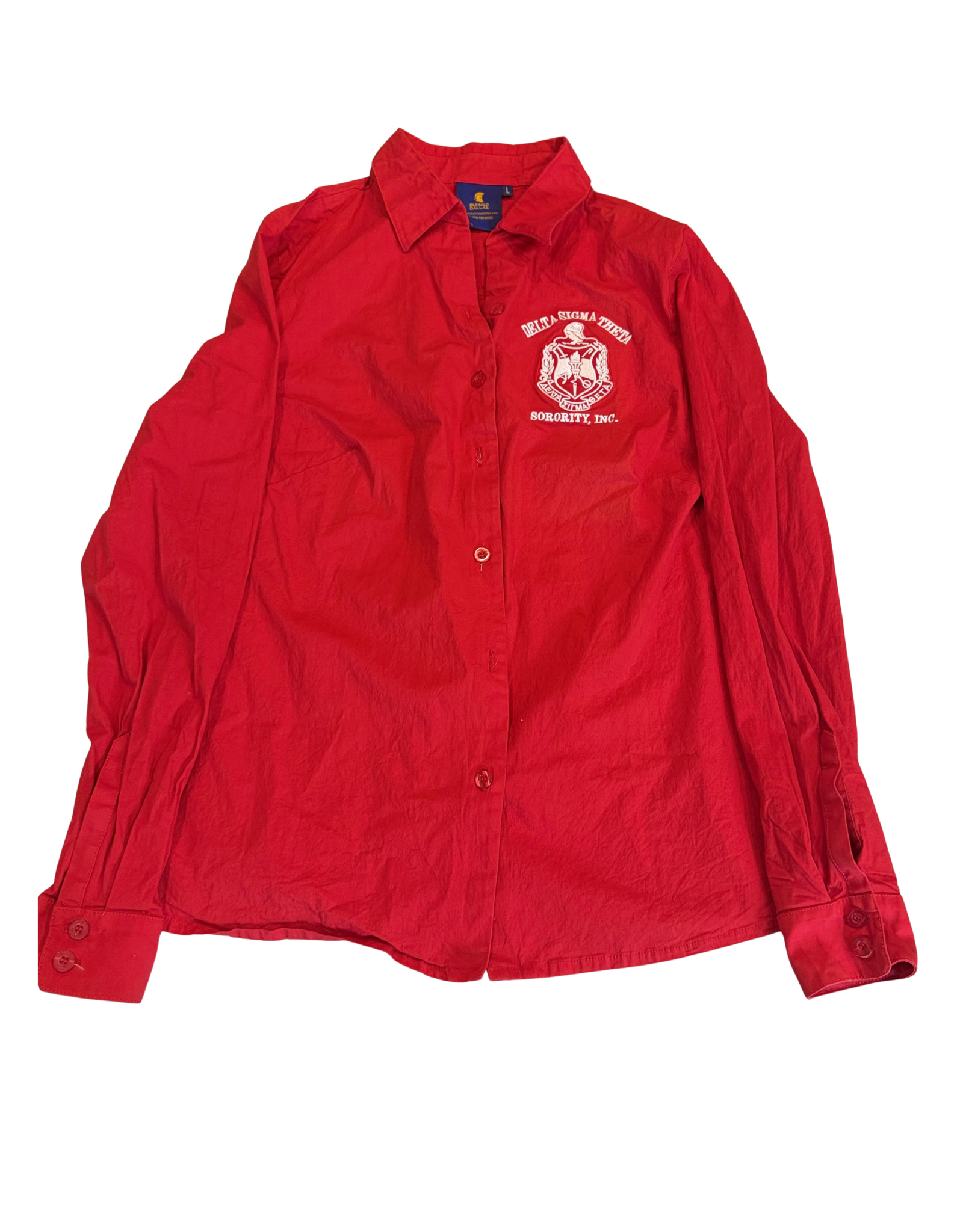 Red Delta Sigma Theta button up shirt with crest, size L