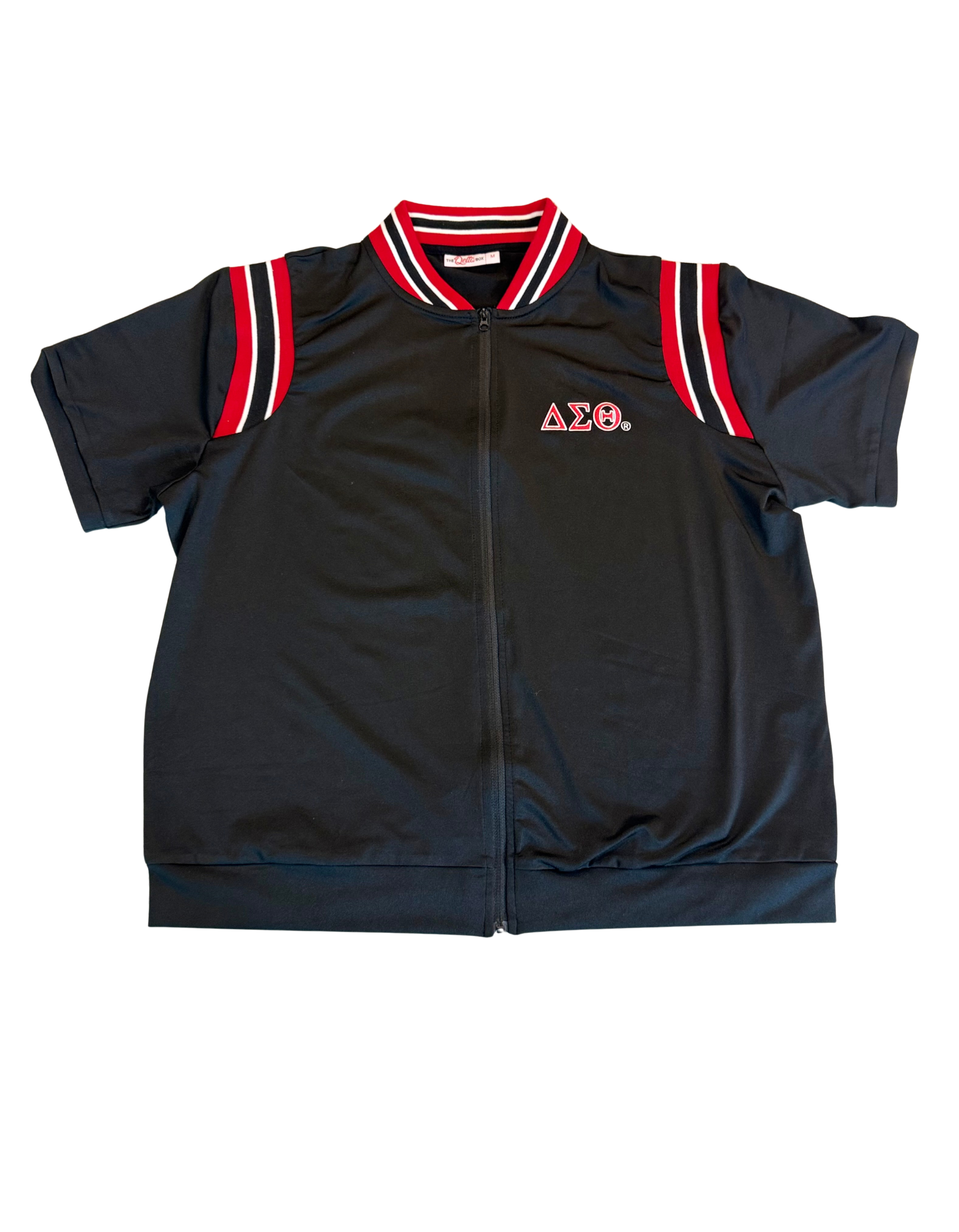 Delta Sigma Theta black track suit jacket with crimson striping, size M