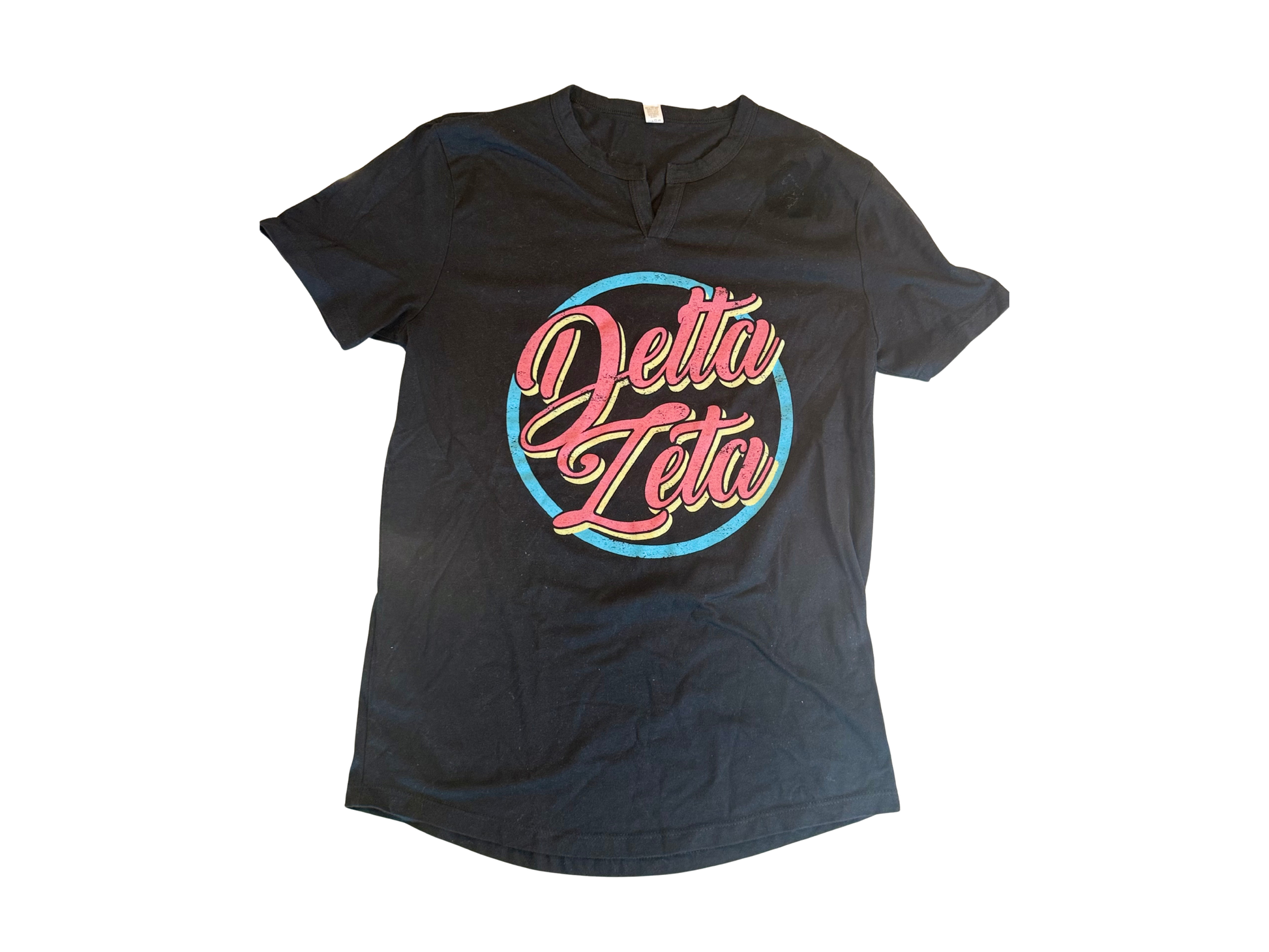 Delta Zeta black tee with pink letters, size medium