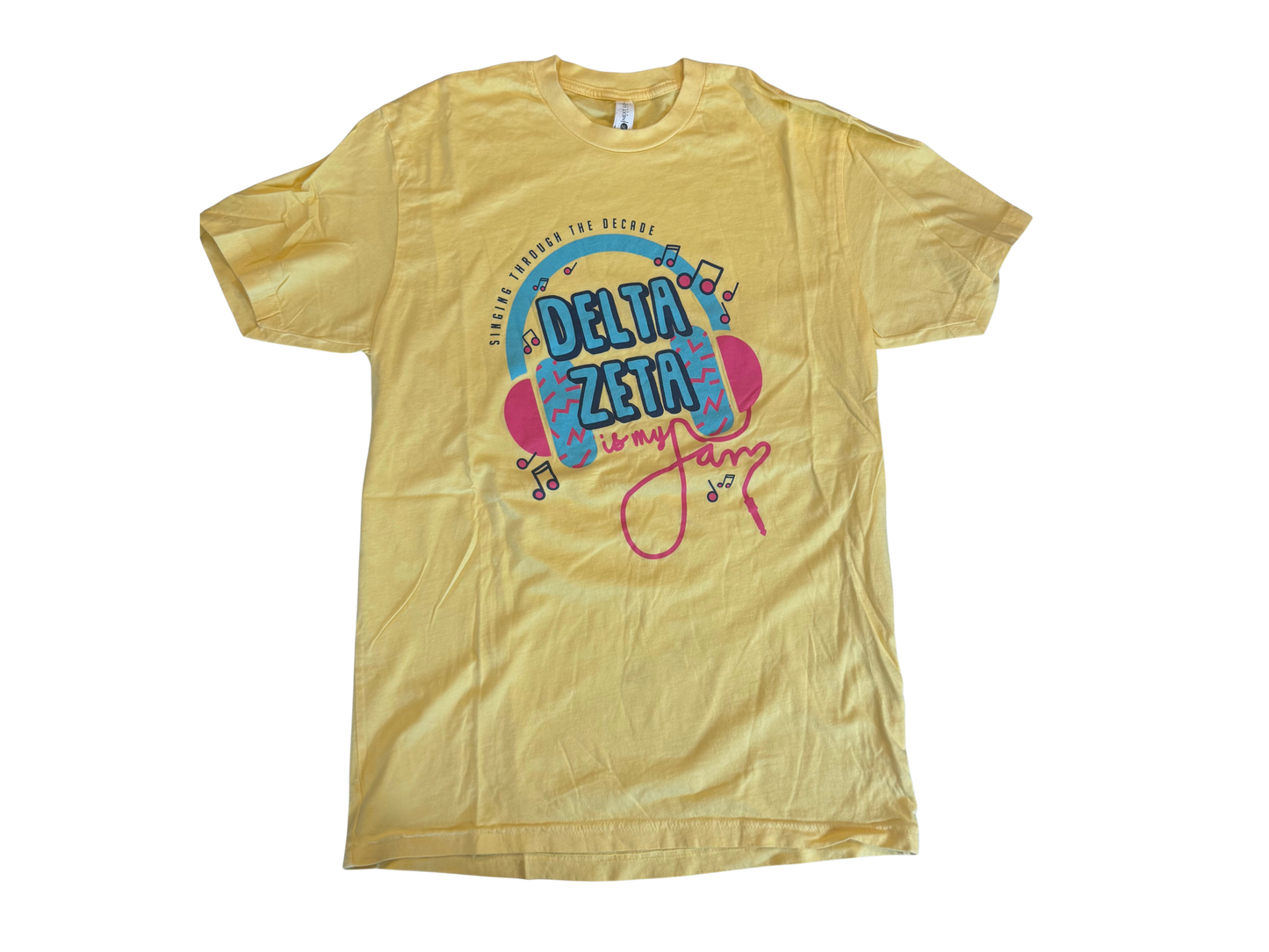 Delta Zeta yellow Singing Through the Decades tee, size medium