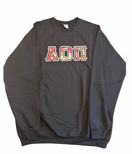 AOII Pink Floral Letter Crewneck Sweatshirt | Black | Size XLT