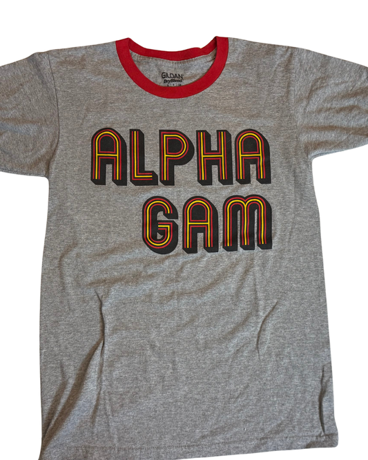 Alpha Gam gray retro ringer tee with red yellow lettering