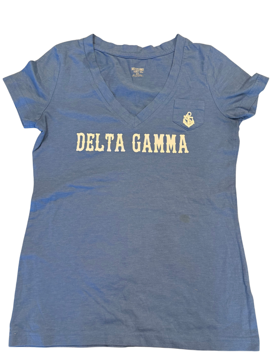 Delta Gamma blue V-neck tee with gold lettering and anchor pocket logo