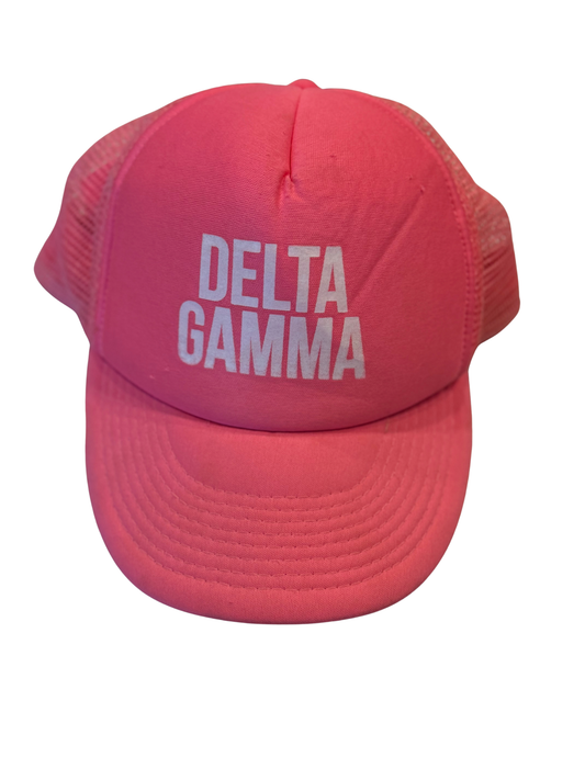 Delta Gamma pink trucker hat with white lettering