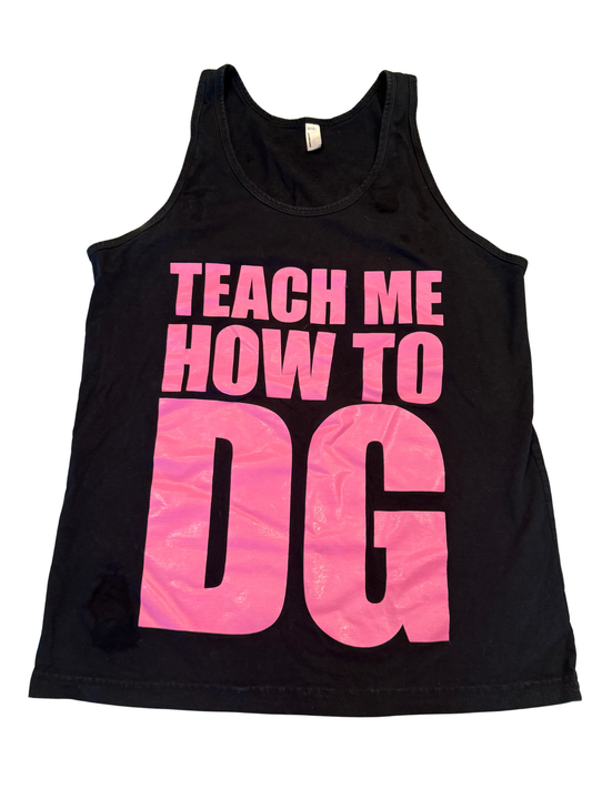 Delta Gamma black tank top with pink Teach Me How to DG graphic
