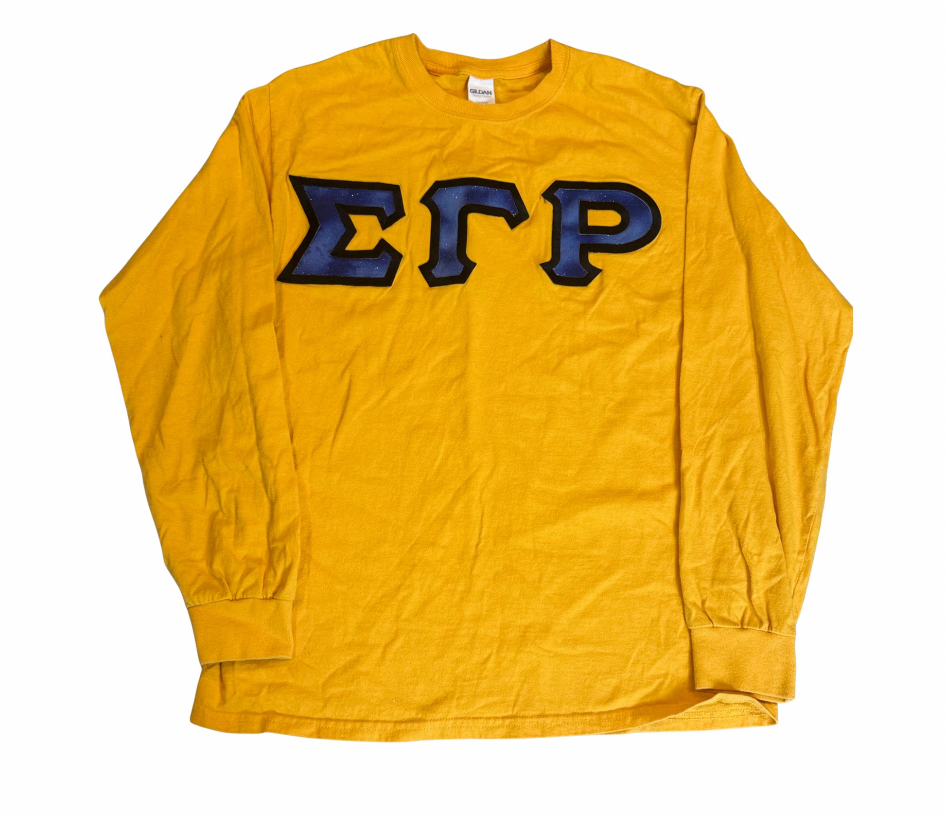 Sigma Gamma Rho mustard long-sleeve tee with blue letters, size M