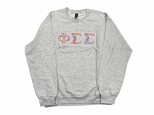 Phi Sigma Sigma Light Gray Floral Letter Crewneck Sweatshirt Size M