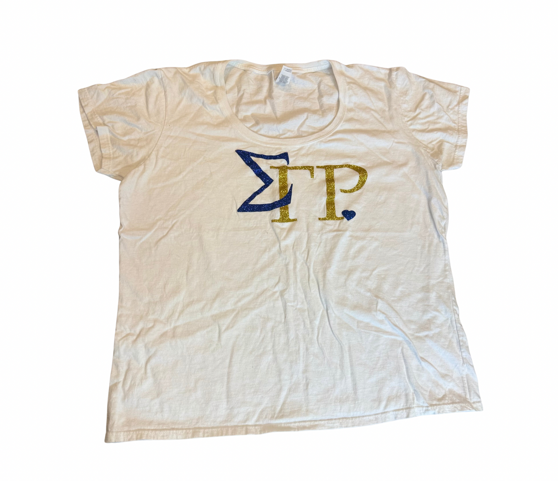 Sigma Gamma Rho white tee with blue and gold sparkle letters, size XL