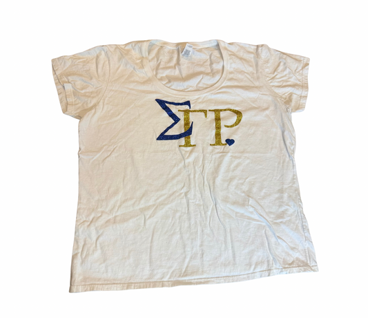 Sigma Gamma Rho white tee with blue and gold sparkle letters, size XL